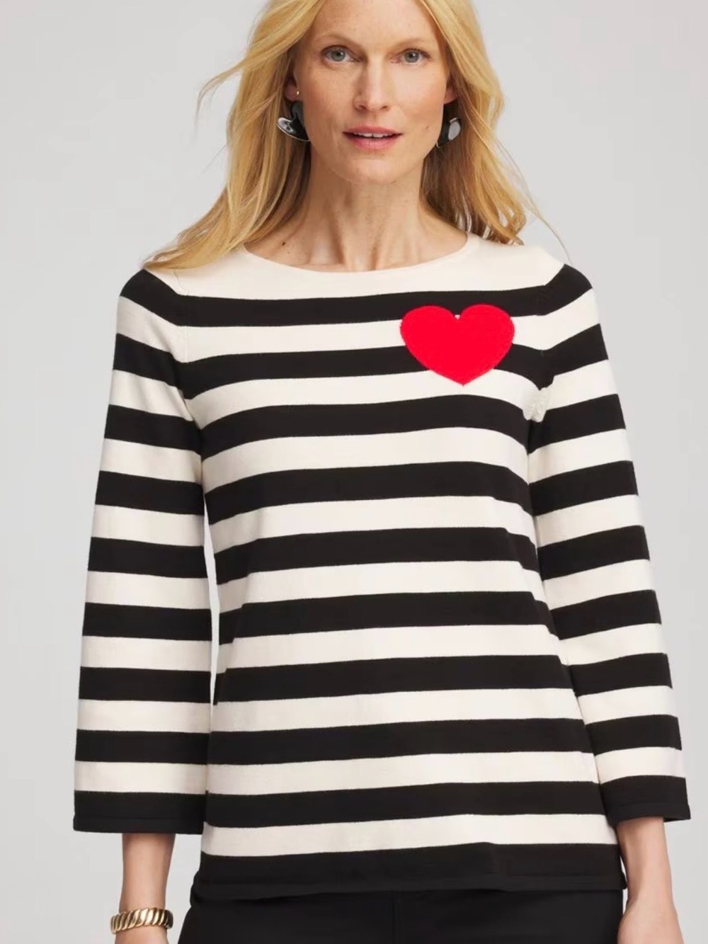 Chico's Black & Cream Striped Long-Sleeve Top with Red Heart